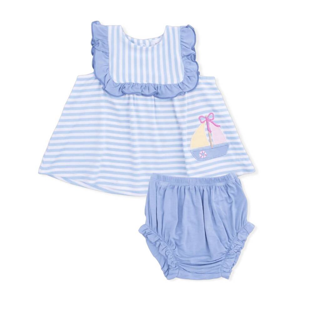 NEW ANGEL DEAR kids bubbly sailboat ruffle top and bloomer set in stripe bamboo